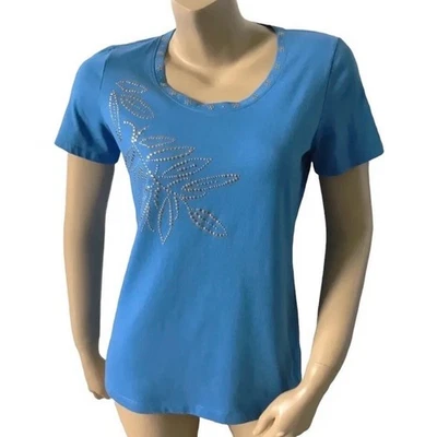 Coral Bay 蓝色装饰短袖低圆领 T 恤女式小号 — 第 1/4 张图片
