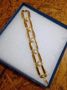 Monet Vintage goldfarben simulierte Perlen Tennisarmband 7 Zoll - Bild 1 von 7