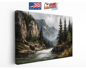 Rocky Mountain River Canvas Wall Art  Scenic Cliffs and Forest Landscape Print - Picture 1 of 9