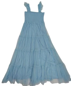 Trixxi blaues Maxikleid, gerüschte Träger, gesmoktes Mieder, Gr. L, Polyester Mesh. - Bild 1 von 7
