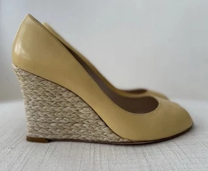 L K Bennett Yellow Leather Wedges Peep Toe Jute Heel Size 39 USED Gently Worn - Picture 1 of 16