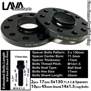 2PC 17MM THICK 5X130 71.5MM C.B WHEEL SPACER+14X1.5 BOLT FIT AUDI VW PORSCHE - Picture 1 of 2