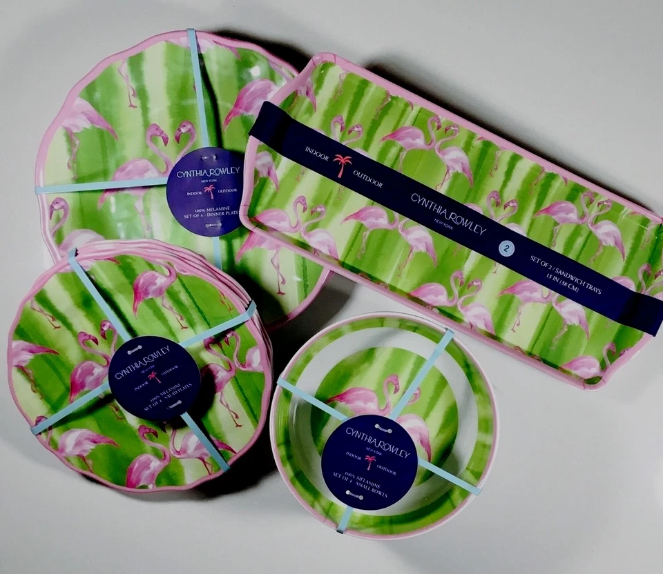 NEW!~Cynthia Rowley~FLAMINGO~Dinner &Salad Plates,Bowls,Trays~14 Pc Set~MELAMINE - Image 1 of 1
