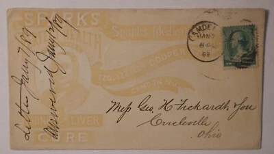 1889 Camden NJ Sparks Perfect Health Kidney Liver Cure 2c Bank Note Ad Cover OH - Image 1 of 2
