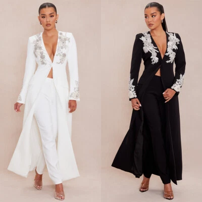 女士水钻西装礼服婚礼正式长袖外套 + 裤子 2 件 — 第 1/4 张图片