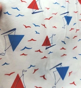 Vntg Sewing Fabric Nautical Red & Blue Sail Boats & Birds On White 35x45" Cotton - Picture 1 of 4