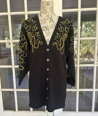 Suéter Cárdigan Largo Mondi Vintage Talla 36 Pequeño Bordado 50% Lana Cuello en V Foto 1 de 4