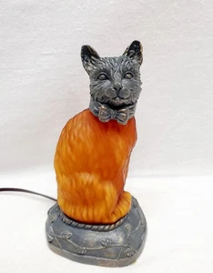Andrea by Sadek Tin Chi Cat Tiffany Style Amber Table Lamp Vintage 1989 NICE - Picture 1 of 17