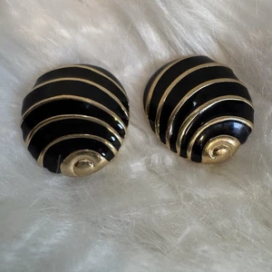 Vintage 80er Napier Schwarz Gold Emaille Muschel Wirbel Oval Retro Grob Ohrringe - Bild 1 von 6