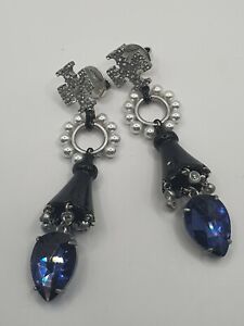 Tory Burch Distressed Silver Tone Crystal & Pearl Embellished Drop Stud Earrings
