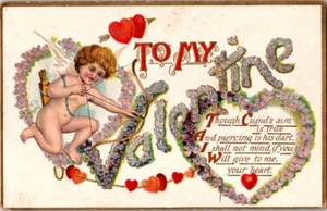 San Valentino Amanti Cuore Cartolina d'epoca Cupido Arco Freccia Amore Piercing Freccette Poesia - Foto 1 di 2