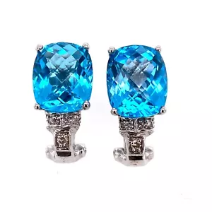 Orecchini Omega Oro Bianco 14k 11,16 Carati Topazio Blu Sfaccettato Colore Diamante Pietra - Foto 1 di 6