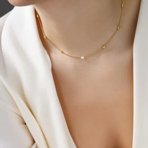 Gold Beaded Curb Chain With Pearl Pendant Adjustable Fashion Jewellery Layered - Picture 1 of 3