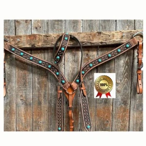 Western Leather Handtooled Turquoise Studs Headstall & Breast collar Tack Set - Picture 1 of 2