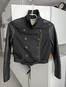 BURBERRY Girls Womens Button Jacket Leather Sleeves Cropped Biker Moto XS 14 Yrs - Picture 1 of 17