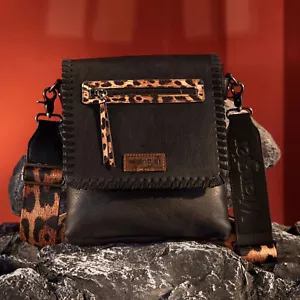 Wrangler Whipstitch Leopard Print Concealed Carry Western Crossbody Black - Picture 1 of 7