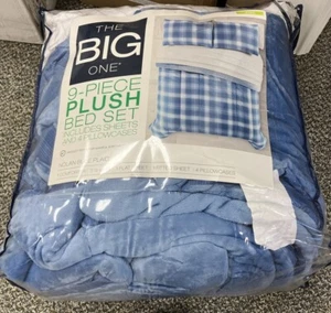 The Big One King Size 9 Piece Plush Bed Set Nolan Blue Plaid - Picture 1 of 1