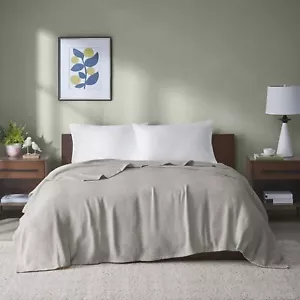 Madison Park Freshspun Basketweave Luxury Cotton Blanket Grey 108x90 King Size B - Picture 1 of 6