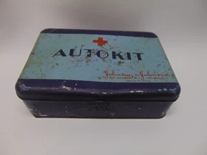 Vintage Johnson & Johnson First Aid Auto Kit empty tin box blue color 7" x 5 x 2 - Picture 1 of 7