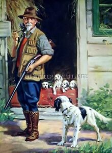 Antique Hunting Photograph Reprint 8X10 Hunter With English Setter And Puppies