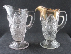EAPG PAIR CLEAR US GLASS GILT CREAMERS BULLS EYE FAN 5.5IN 1905-15 lp - Picture 1 of 3
