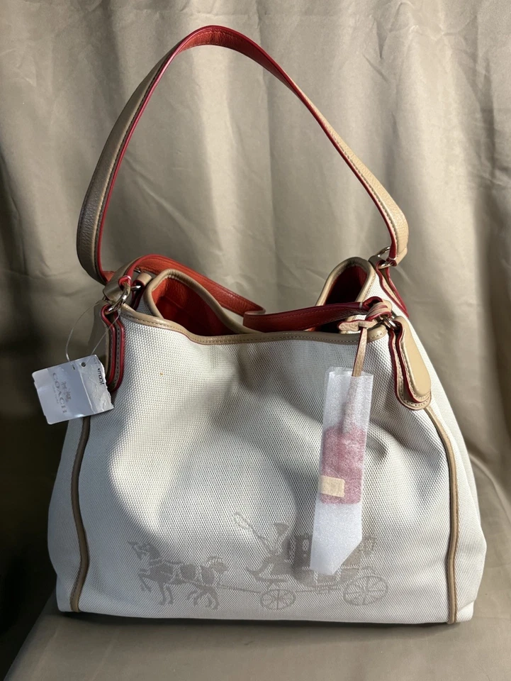 Bolso de Hombro Coach EDIE Marfil Rojo Lona Caballo y Carruaje Nuevo con Etiquetas con Plumero Foto 1 de 4