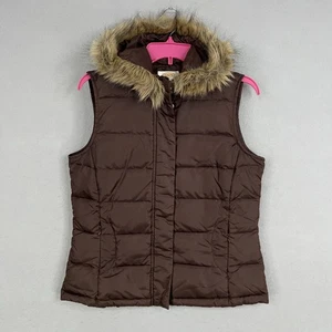 Talbots Vest Womens Small Brown Puffer Hooded Faux Fur Goose Down Feather Winter - Picture 1 of 13