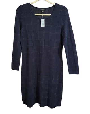 Платье Ann Taylor размер MP темно-синее серебристое клетчатое трикотажное блестящее праздничное карьерное офисное - Изображение 1 из 4