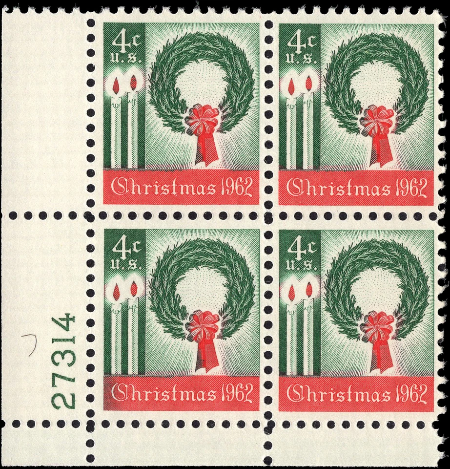 US Scott # 1205, Christmas Wreath, Candles, Plate Block of 1962 4¢ Stamps, MNH - Image 1 of 1