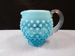 Fenton Blue Opalescent Glass Hobnail Squat Pitcher 4 1/4" Tall - Picture 1 of 8