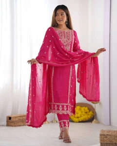 Heavy Designer Chinnon Silk Salwar Kameez With Dupatta For Wedding & Party Wear - Picture 1 of 11