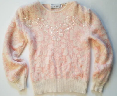 Needleworks Petites Pink White Sequin Rabbit Hair Sweater Size P STAIN See Pics - Image 1 of 4
