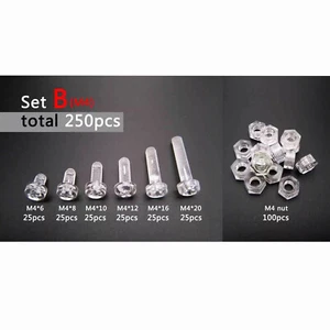 250pc Acrylic Clear Plastic M4 Round Pan Phillips Head Screw Bolt Nut Set Kit - Picture 1 of 5