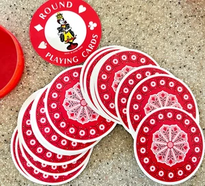 Vintage Round Playing Cards Red & White Floral Design Hong Kong Plastic Case - Picture 1 of 3