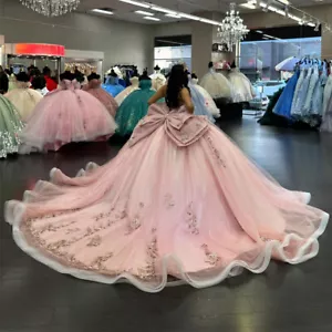 Pink Sweet 16 Quinceanera Dresses Corset Applique Ball Gown With Bow Birthday - Picture 1 of 6