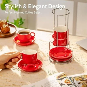 Sweese 4 Ounce Porcelain Stackable Espresso Cups With Saucers And Metal Stand Se - Picture 1 of 6