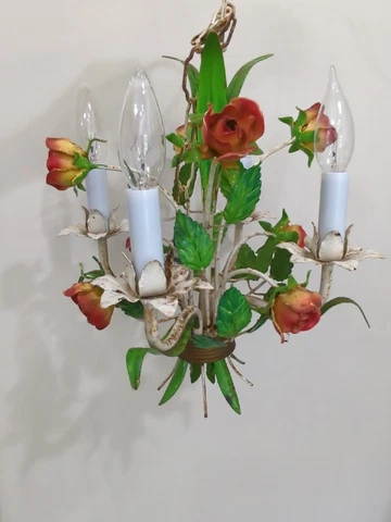 Vtg Italian French Tole shabby Roses Green Leaf 4 arm light Chandelier Cover