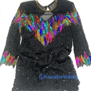 Vtg 80s 90s Leslie Fay Petite 100%Silk Black Sequin Bead Mesh Evening Dress SZ 6 - Picture 1 of 10
