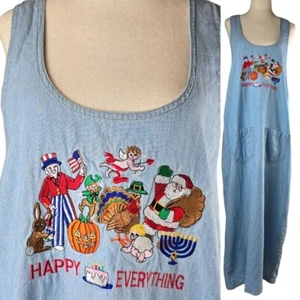 Vintage Dress MERRY EVERYTHING Womans Extra Large Holliday Embroidered Chambray - Picture 1 of 21