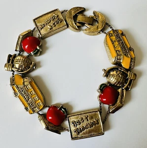 Vintage  gold tone Double Chain Best TEACHER Gift globe bus apple Charm Bracelet - Picture 1 of 9