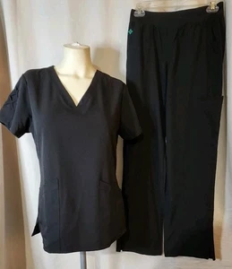 Women BLACK Scrub SET GREY'S Sz SM Vneck SS Top MEDCOUTURE Sz XS Flared Leg Pant - Picture 1 of 13