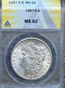1887-S $1 Morgan Silver Dollar ANACS MS 62 | Uncirculated UNC - Picture 1 of 4