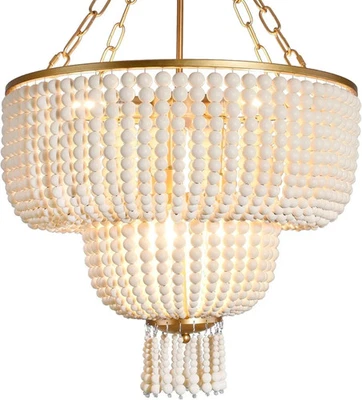 Lámpara de araña con cuentas de madera boho de 20" y 6 luces para cocina y sala de estar ✨ Foto 1 de 4