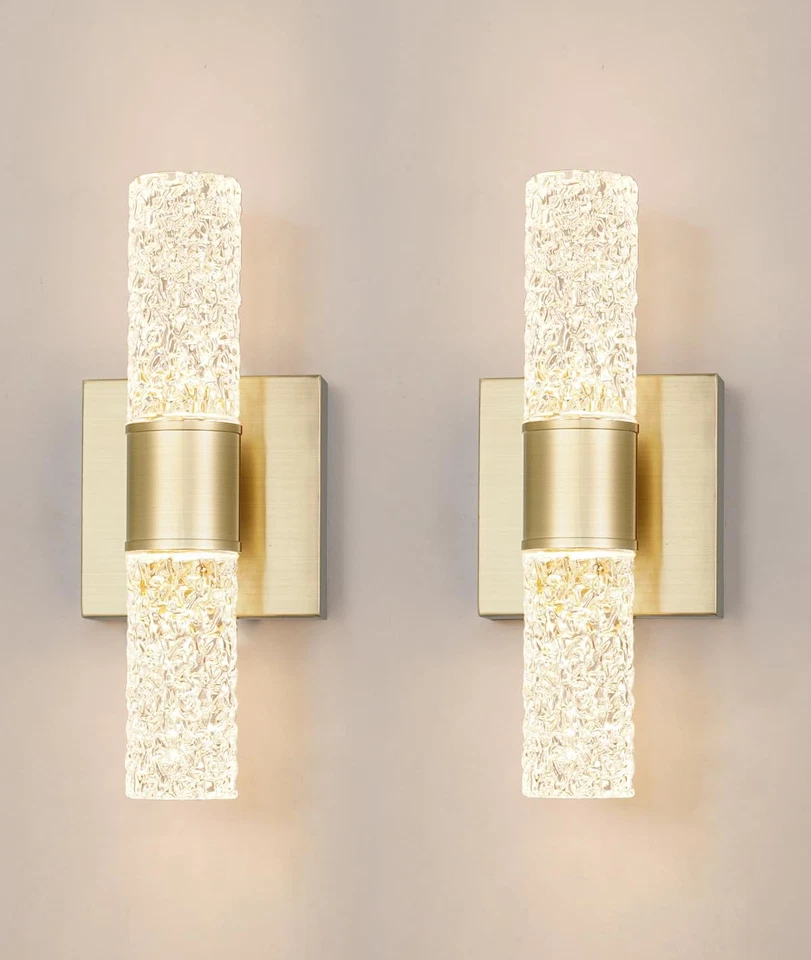 Crystal LED Wall Sconces Set of 2, Brushed Gold Bathroom Light Fixtures, Mode... - Image 1 of 4