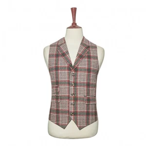 Mens 46R Wool Vest Red Green Cream Plaid Check Waistcoat Formal Casual Preppy - Picture 1 of 8