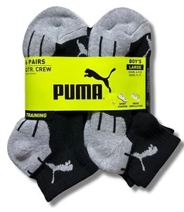 PUMA SOCKS BOYS X6 - QUARTER 243 - CUBE BLACK GREY - LARGE SZ SHOE 4-9.5 6 PACK - Picture 1 of 2