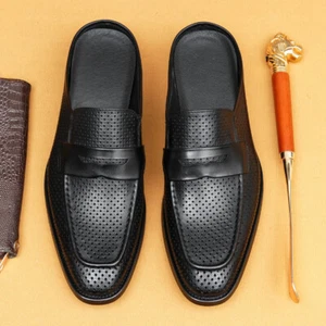 Mens Slip on Loafer Mules Flats Real Leather Cowhide Hollow Out Shoes Breathable - Picture 1 of 21