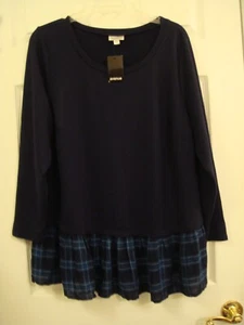 Avenue Damen-Tunika Oberteil marineblau mit Karo Rüschen Stufen Langarm Größe 14/16 NEU - Bild 1 von 7