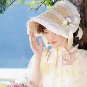 Lolita Bonnet Bow Ribbon Flower Cap FlatTop Lolita Straw Hat Lolita Accessories - Picture 1 of 18