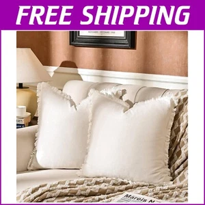 Elegant Fringed Off White Pillow Covers - 20x20 Rustic Cotton for Home & Office - Picture 1 of 8